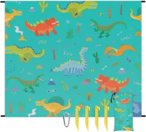 Beach Blanket, Cute Dinosaur Sandproof Beach Mat, Waterproof Quick Drying Sand Free Mat with 4 x Ground Spikes for Outdoor Travel Camping Hiking, Dinosaur Print 68 x 59 in