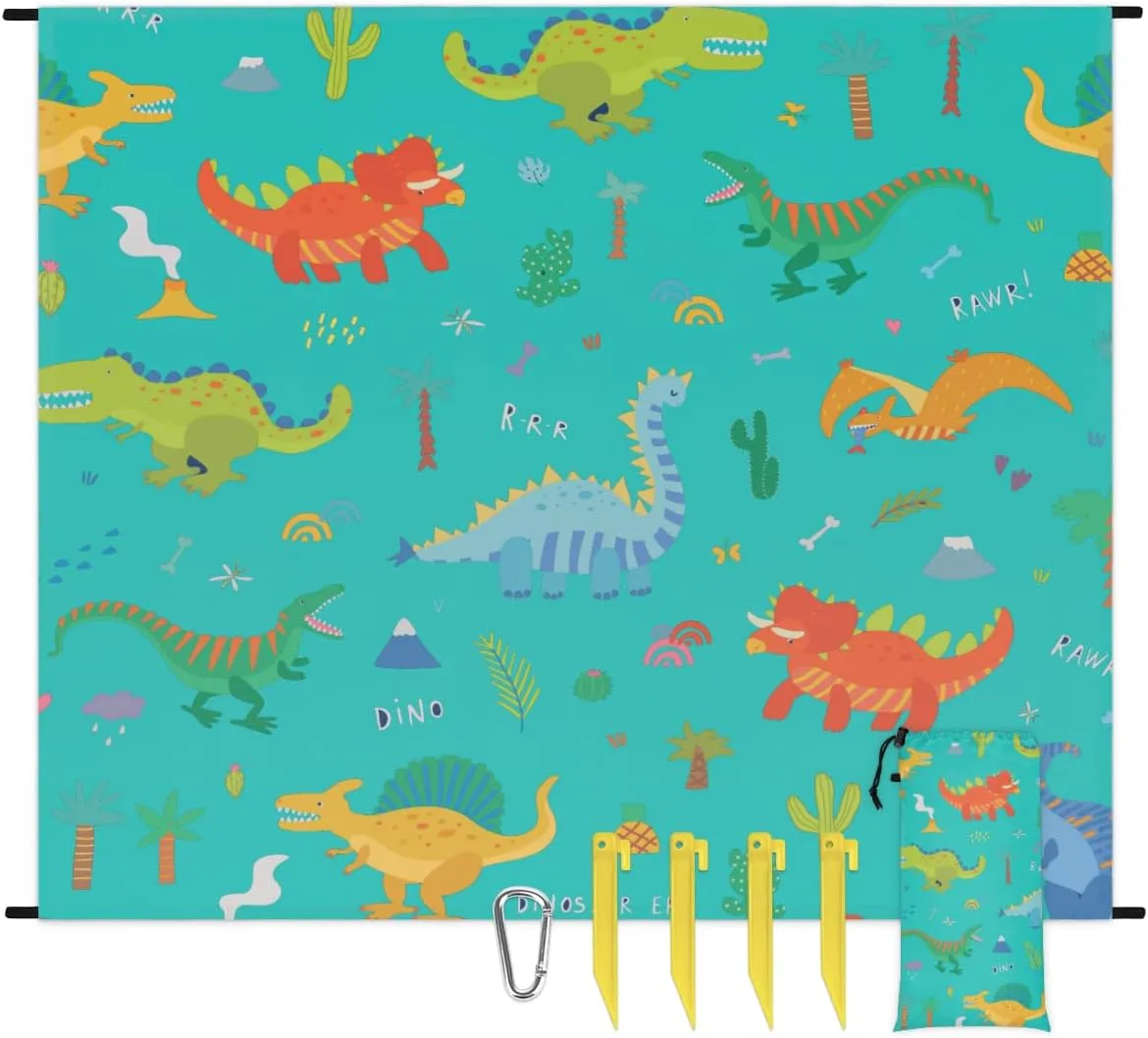 Beach Blanket, Cute Dinosaur Sandproof Beach Mat, Waterproof Quick Drying Sand Free Mat with 4 x Ground Spikes for Outdoor Travel Camping Hiking, Dinosaur Print 68 x 59 in