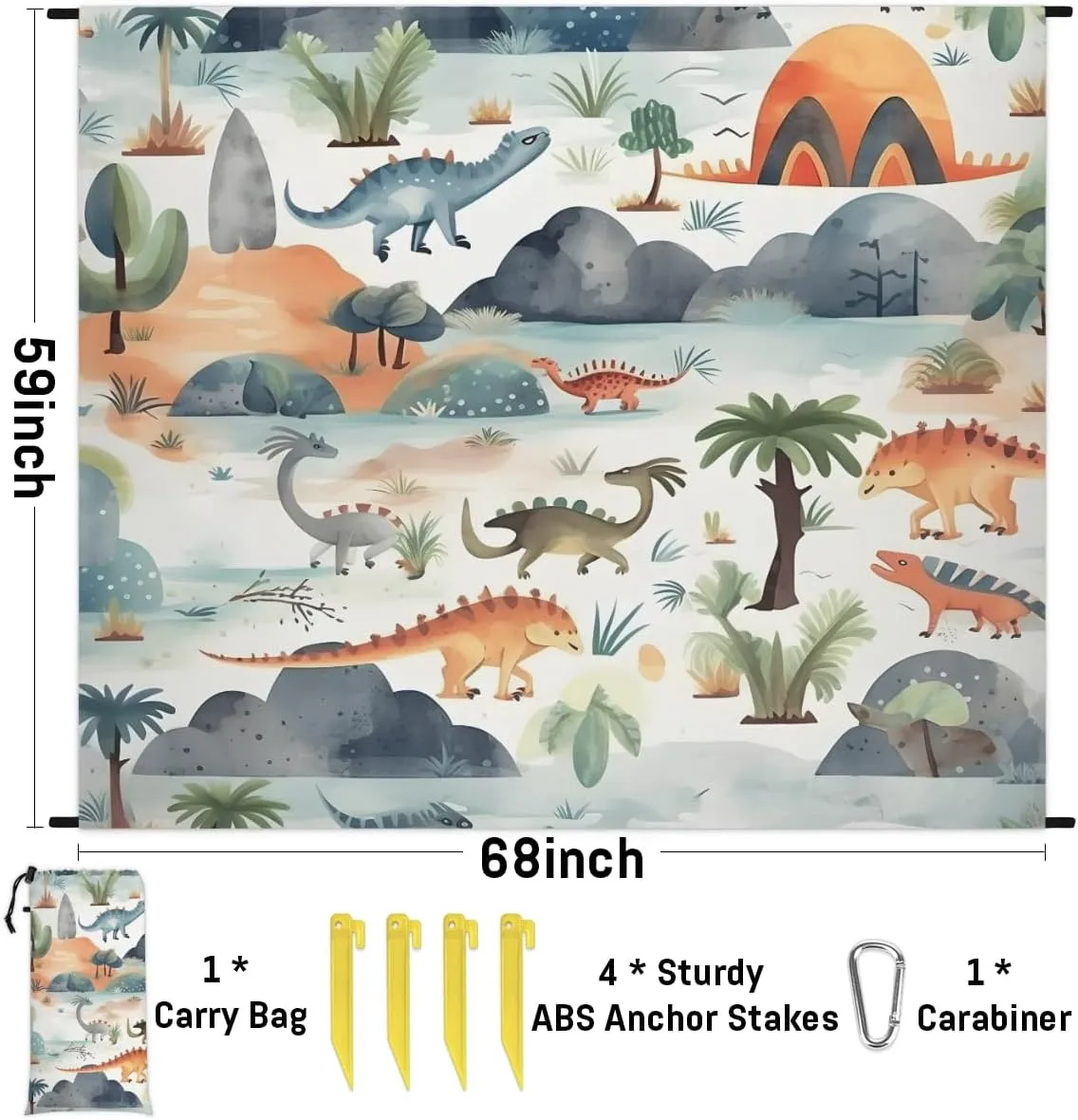 Beach Blanket, Cute Sandproof Beach Mat, Waterproof Quick Drying Sand Free Mat with 4 x Ground Spikes for Outdoor Travel Camping Hiking, Dinosaur 68 x 59 in