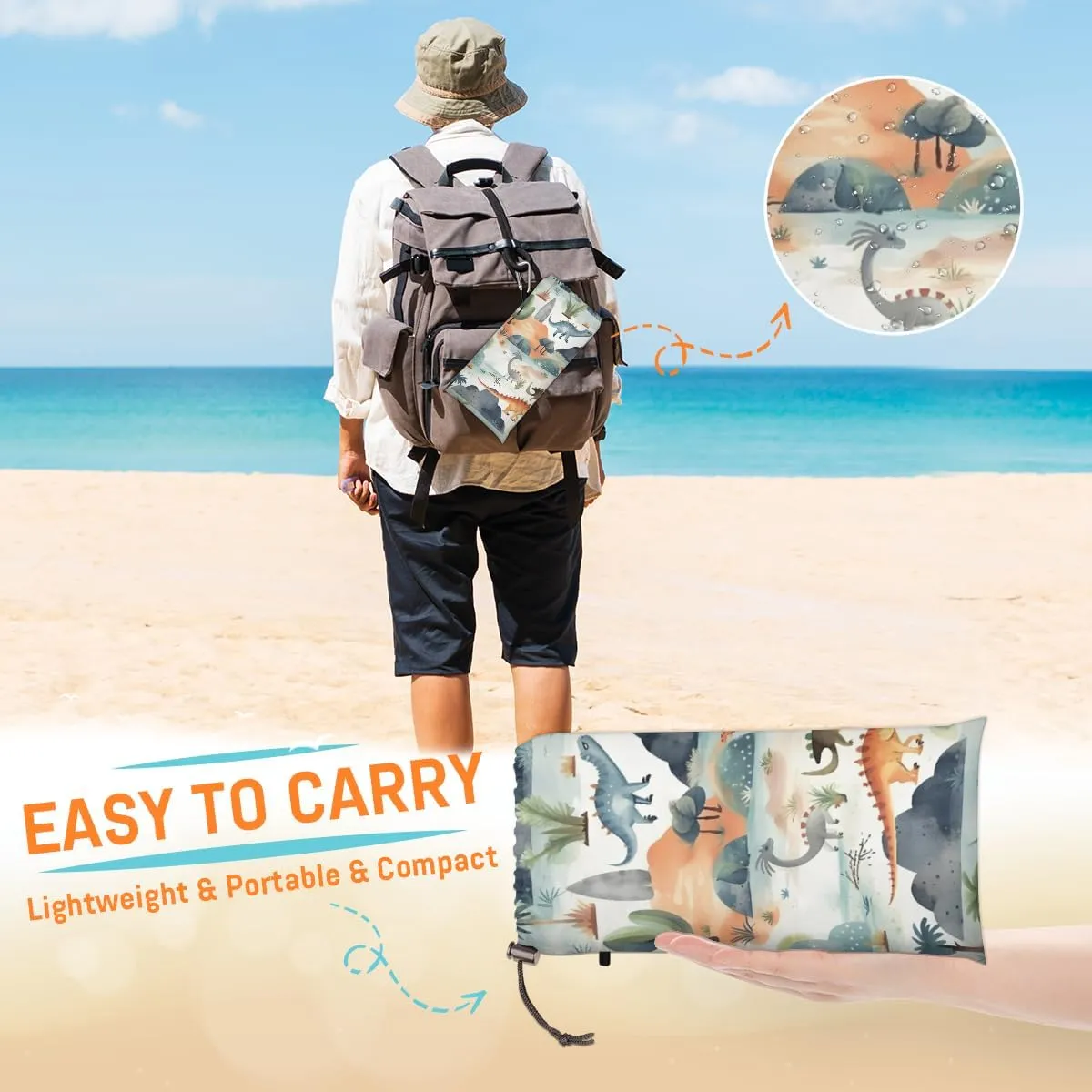 Beach Blanket, Cute Sandproof Beach Mat, Waterproof Quick Drying Sand Free Mat with 4 x Ground Spikes for Outdoor Travel Camping Hiking, Dinosaur 68 x 59 in