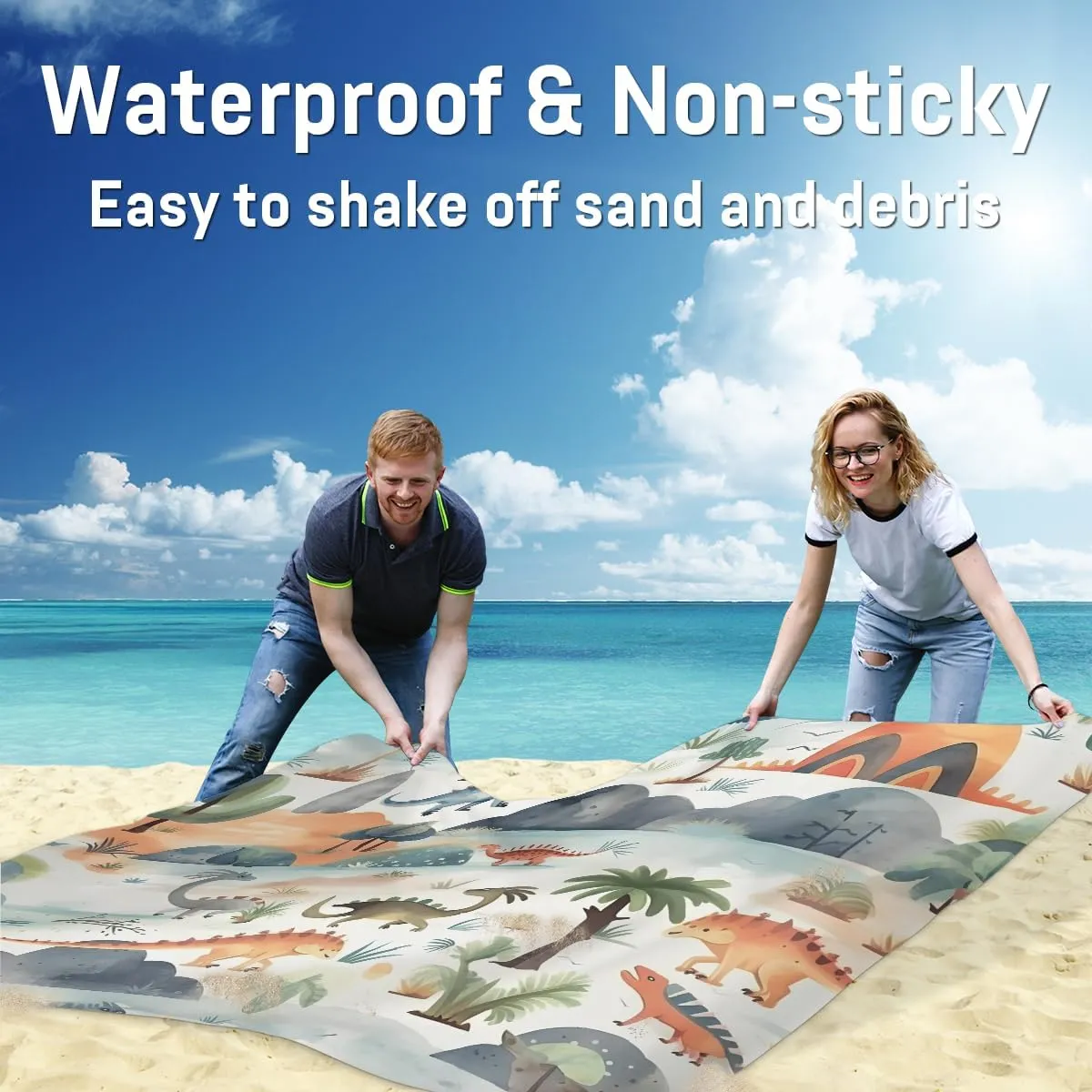 Beach Blanket, Cute Sandproof Beach Mat, Waterproof Quick Drying Sand Free Mat with 4 x Ground Spikes for Outdoor Travel Camping Hiking, Dinosaur 68 x 59 in