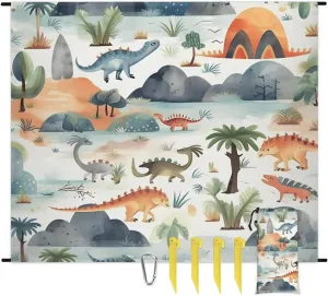 Beach Blanket, Cute Sandproof Beach Mat, Waterproof Quick Drying Sand Free Mat with 4 x Ground Spikes for Outdoor Travel Camping Hiking, Dinosaur 68 x 59 in