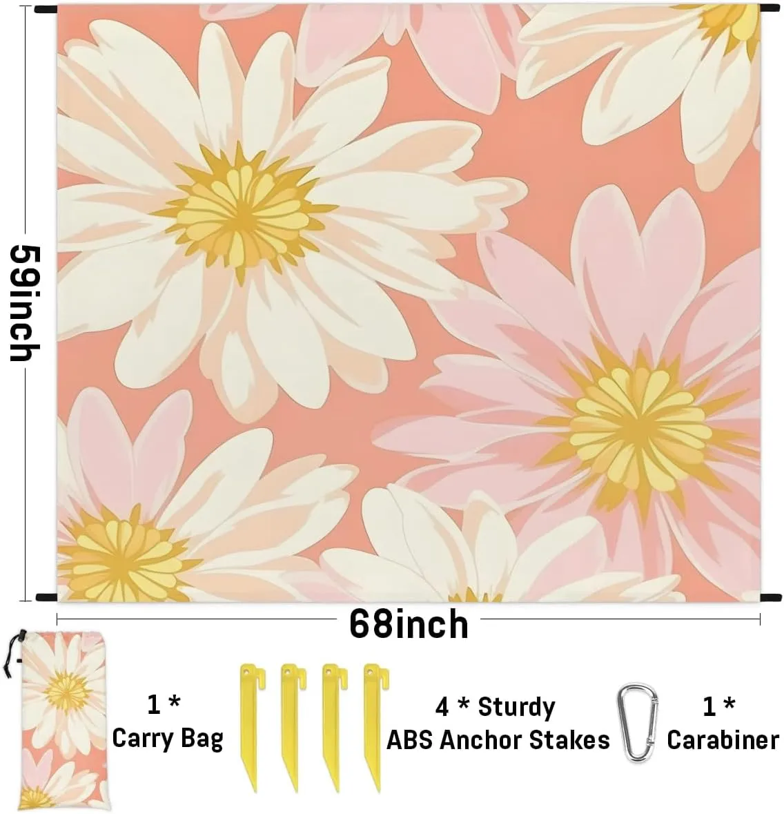 Beach Blanket, Daisy Sandproof Beach Mat, Waterproof Quick Drying Sand Free Mat with 4 x Ground Spikes for Outdoor Travel Camping Hiking, Summer Flowers 68 x 59 in