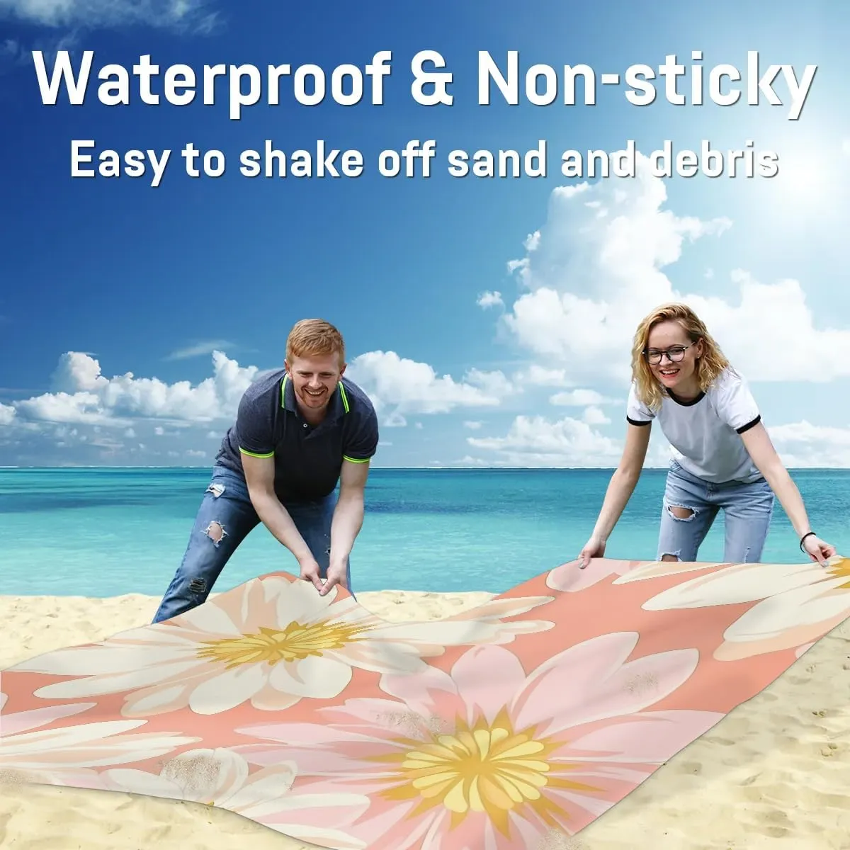 Beach Blanket, Daisy Sandproof Beach Mat, Waterproof Quick Drying Sand Free Mat with 4 x Ground Spikes for Outdoor Travel Camping Hiking, Summer Flowers 68 x 59 in
