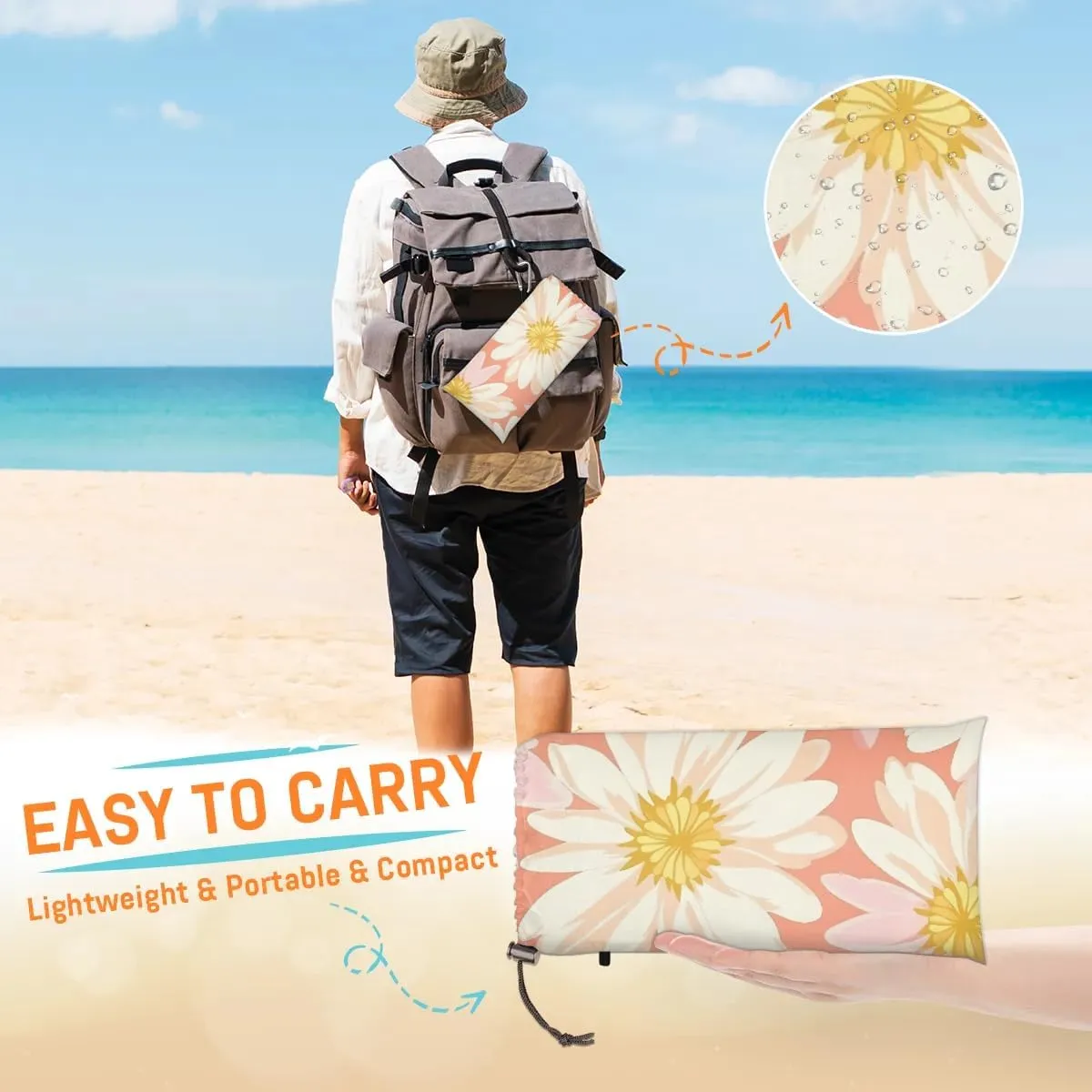 Beach Blanket, Daisy Sandproof Beach Mat, Waterproof Quick Drying Sand Free Mat with 4 x Ground Spikes for Outdoor Travel Camping Hiking, Summer Flowers 68 x 59 in