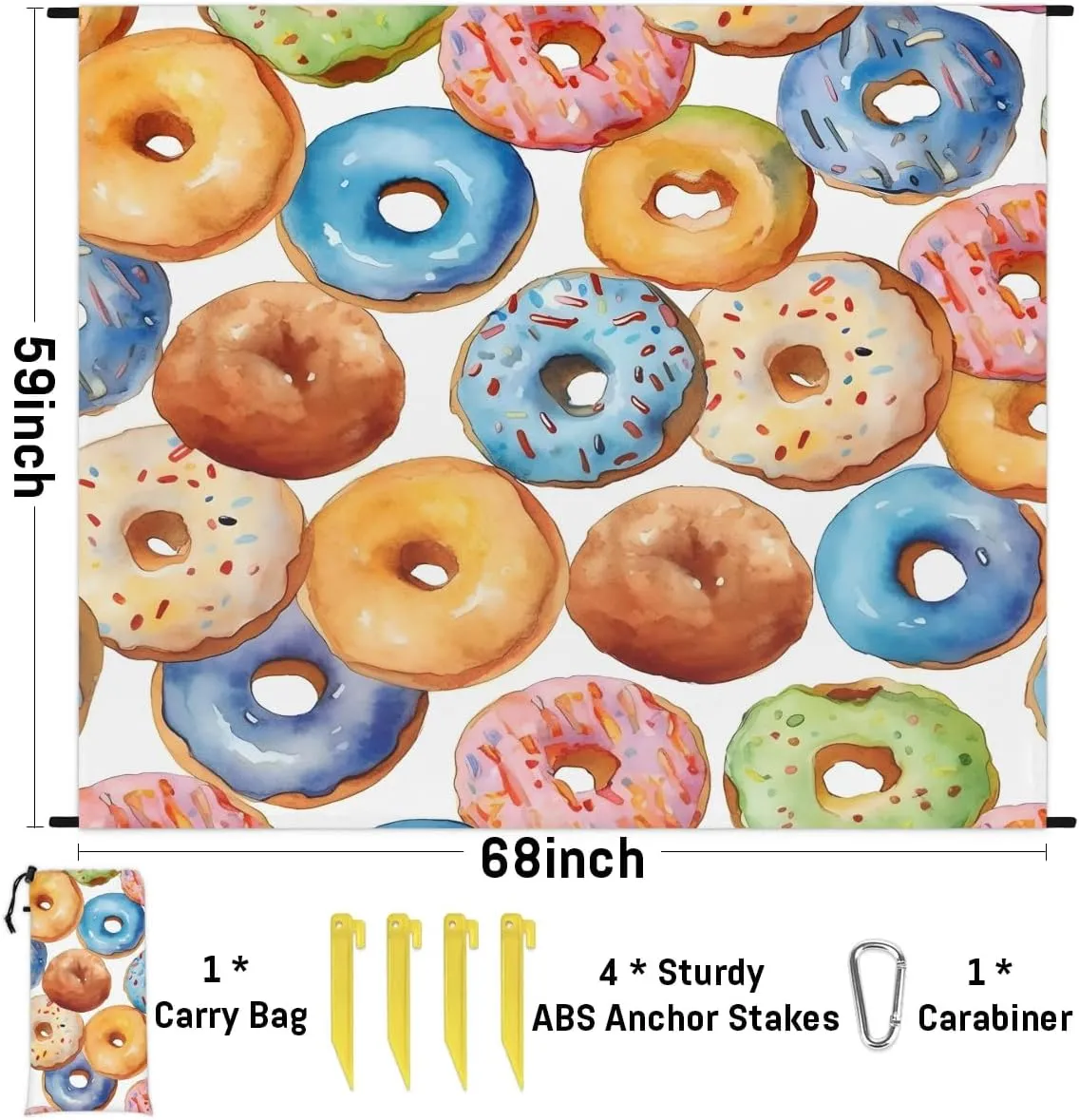 Beach Blanket, Doughnuts Sandproof Beach Mat, Waterproof Quick Drying Sand Free Mat with 4 x Ground Spikes for Outdoor Travel Camping Hiking, Bread 68 x 59 in