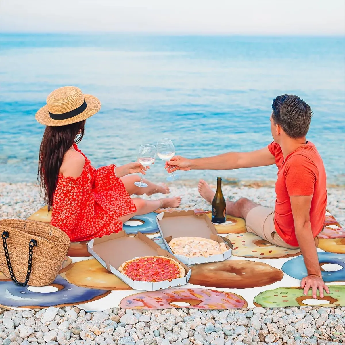 Beach Blanket, Doughnuts Sandproof Beach Mat, Waterproof Quick Drying Sand Free Mat with 4 x Ground Spikes for Outdoor Travel Camping Hiking, Bread 68 x 59 in