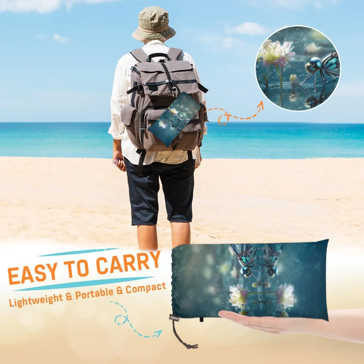 Beach Blanket, Dragonfly Sandproof Beach Mat, Waterproof Quick Drying Sand Free Mat with 4 x Ground Spikes for Outdoor Travel Camping Hiking, Dragonfly Pattern 68 x 59 in