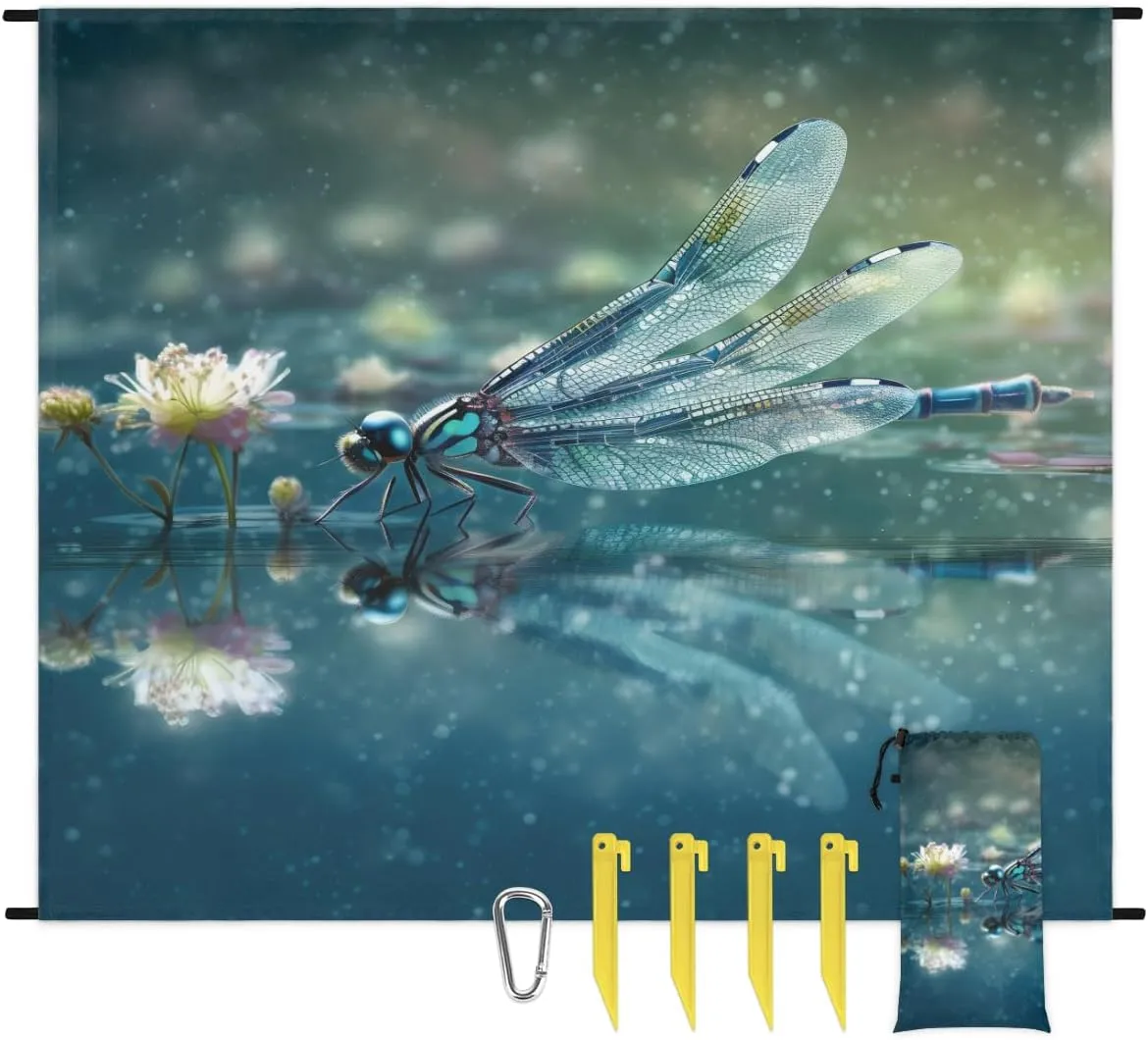 Beach Blanket, Dragonfly Sandproof Beach Mat, Waterproof Quick Drying Sand Free Mat with 4 x Ground Spikes for Outdoor Travel Camping Hiking, Dragonfly Pattern 68 x 59 in