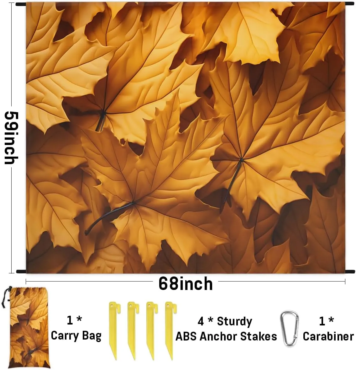 Beach Blanket, Fall Sandproof Beach Mat, Waterproof Quick Drying Sand Free Mat with 4 x Ground Spikes for Outdoor Travel Camping Hiking, Maple Leaves Rustic Thanksgiving 68 x 59 in