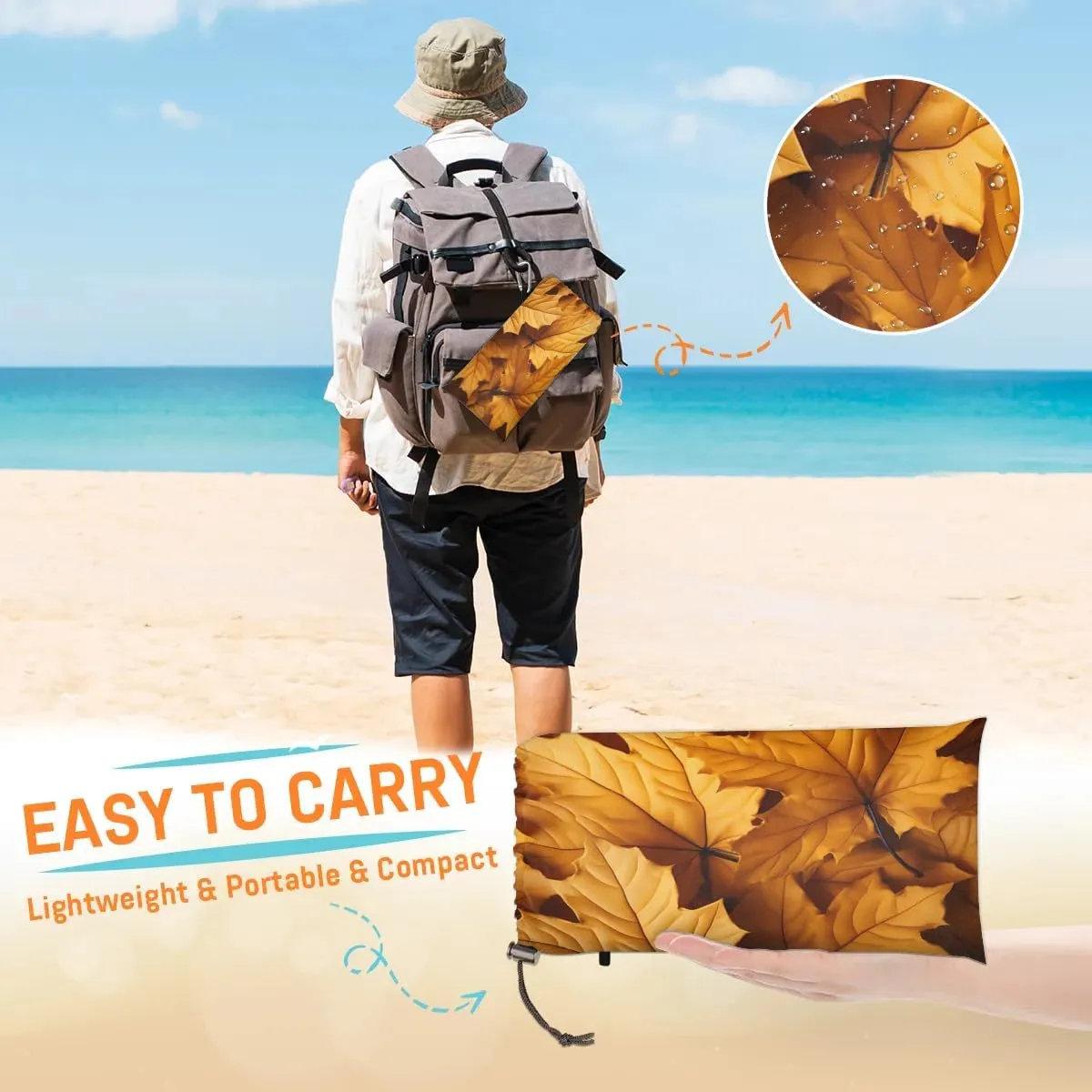 Beach Blanket, Fall Sandproof Beach Mat, Waterproof Quick Drying Sand Free Mat with 4 x Ground Spikes for Outdoor Travel Camping Hiking, Maple Leaves Rustic Thanksgiving 68 x 59 in
