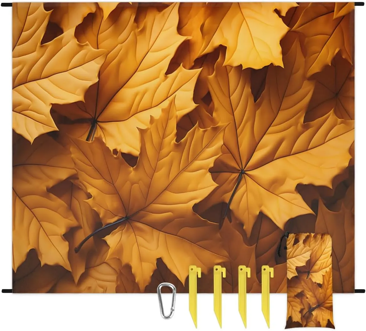 Beach Blanket, Fall Sandproof Beach Mat, Waterproof Quick Drying Sand Free Mat with 4 x Ground Spikes for Outdoor Travel Camping Hiking, Maple Leaves Rustic Thanksgiving 68 x 59 in