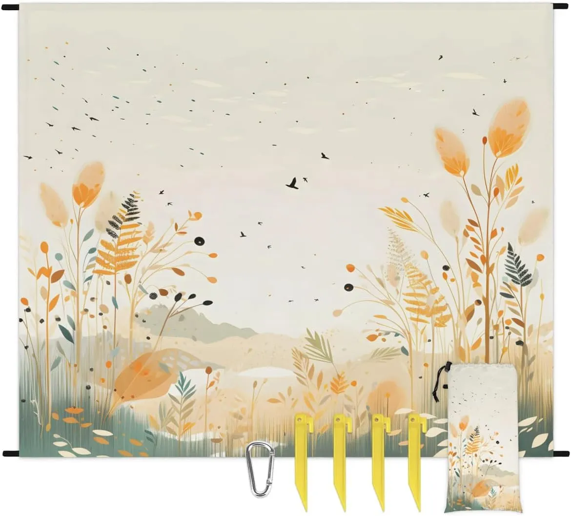 Beach Blanket, Fall Wild Flower Sandproof Beach Mat, Waterproof Quick Drying Sand Free Mat with 4 x Ground Spikes for Outdoor Travel Camping Hiking, Watercolor Flower 68 x 59 in