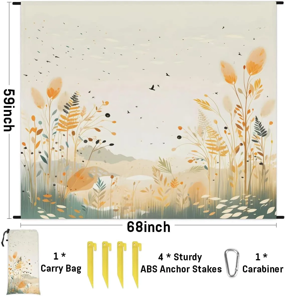 Beach Blanket, Fall Wild Flower Sandproof Beach Mat, Waterproof Quick Drying Sand Free Mat with 4 x Ground Spikes for Outdoor Travel Camping Hiking, Watercolor Flower 68 x 59 in