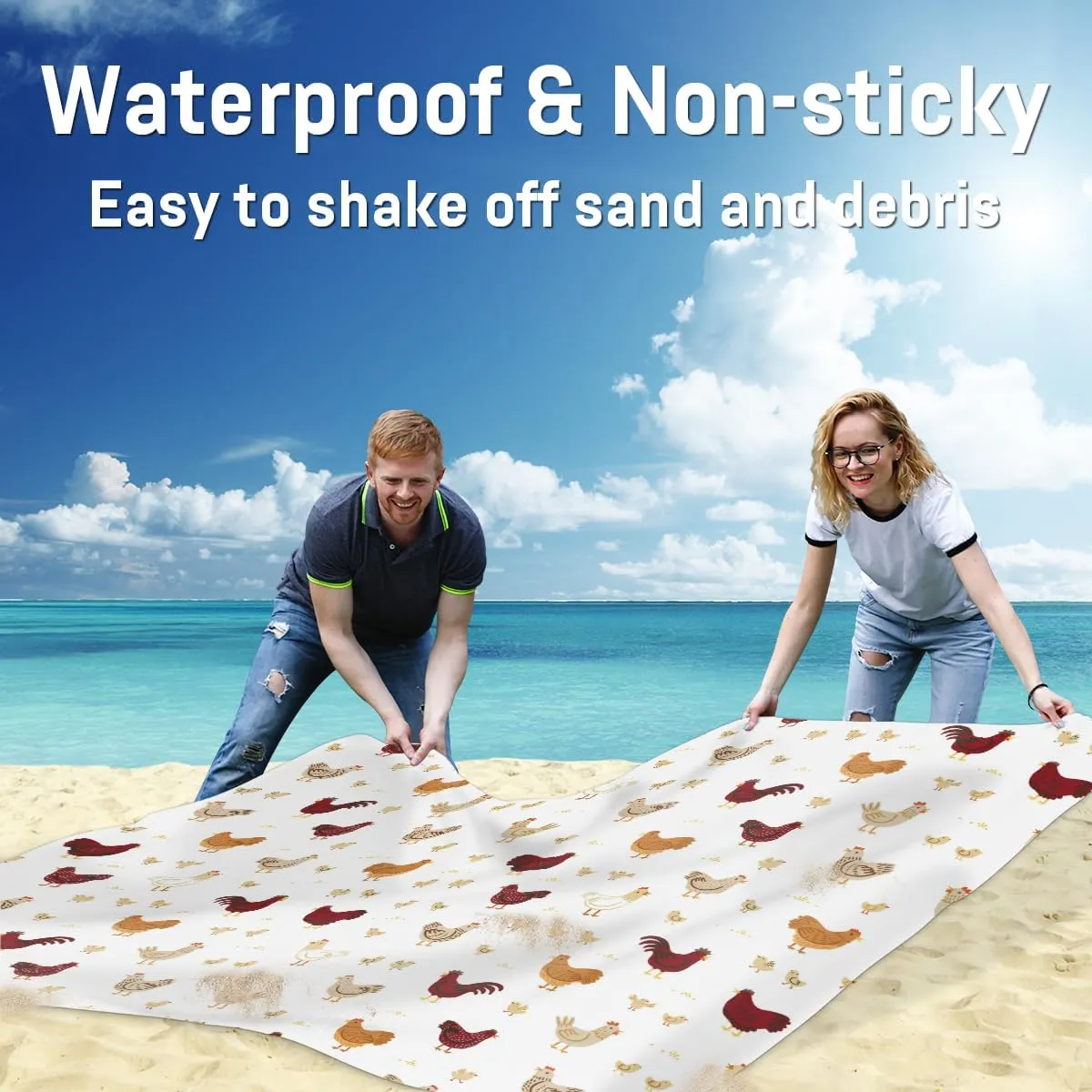 Beach Blanket, Farm Roosters Sandproof Beach Mat, Waterproof Quick Drying Sand Free Mat with 4 x Ground Spikes for Outdoor Travel Camping Hiking, Animal Chicken 68 x 59 in