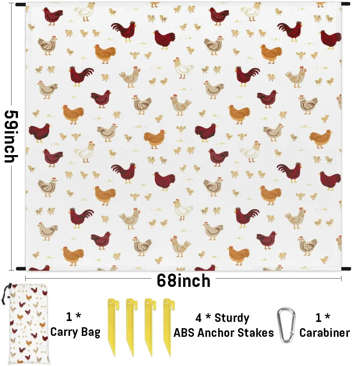 Beach Blanket, Farm Roosters Sandproof Beach Mat, Waterproof Quick Drying Sand Free Mat with 4 x Ground Spikes for Outdoor Travel Camping Hiking, Animal Chicken 68 x 59 in