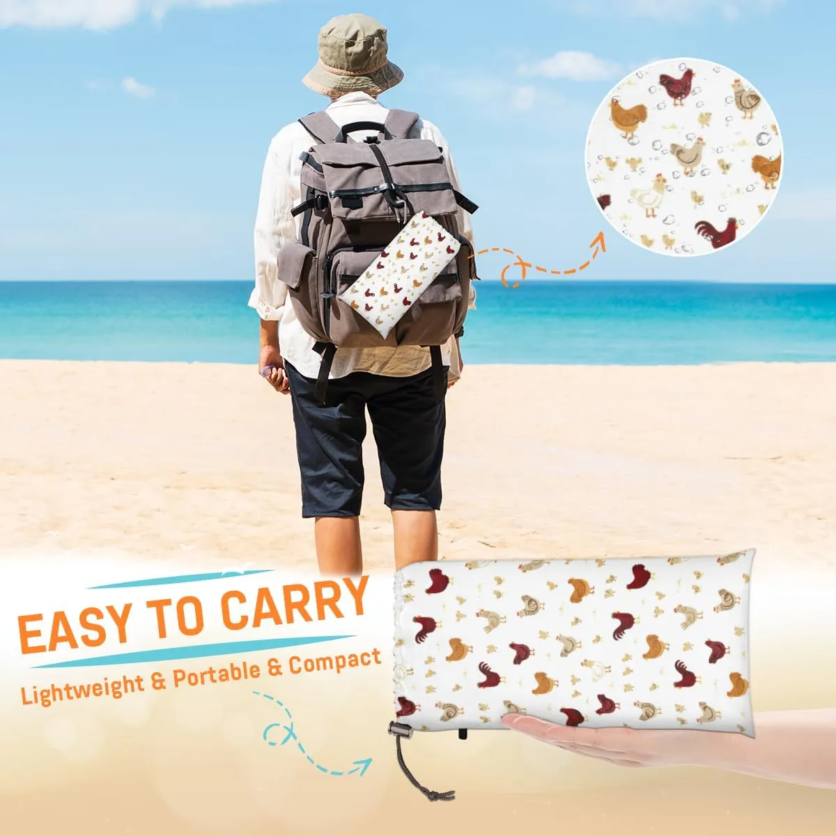 Beach Blanket, Farm Roosters Sandproof Beach Mat, Waterproof Quick Drying Sand Free Mat with 4 x Ground Spikes for Outdoor Travel Camping Hiking, Animal Chicken 68 x 59 in