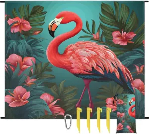 Beach Blanket, Flamingo Sandproof Beach Mat, Waterproof Quick Drying Sand Free Mat with 4 x Ground Spikes for Outdoor Travel Camping Hiking, Palm Leaves 68 x 59 in