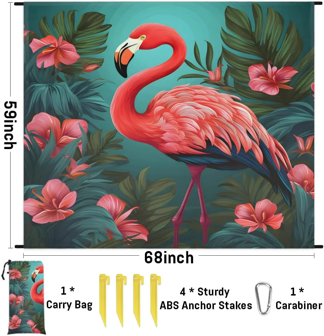 Beach Blanket, Flamingo Sandproof Beach Mat, Waterproof Quick Drying Sand Free Mat with 4 x Ground Spikes for Outdoor Travel Camping Hiking, Palm Leaves 68 x 59 in