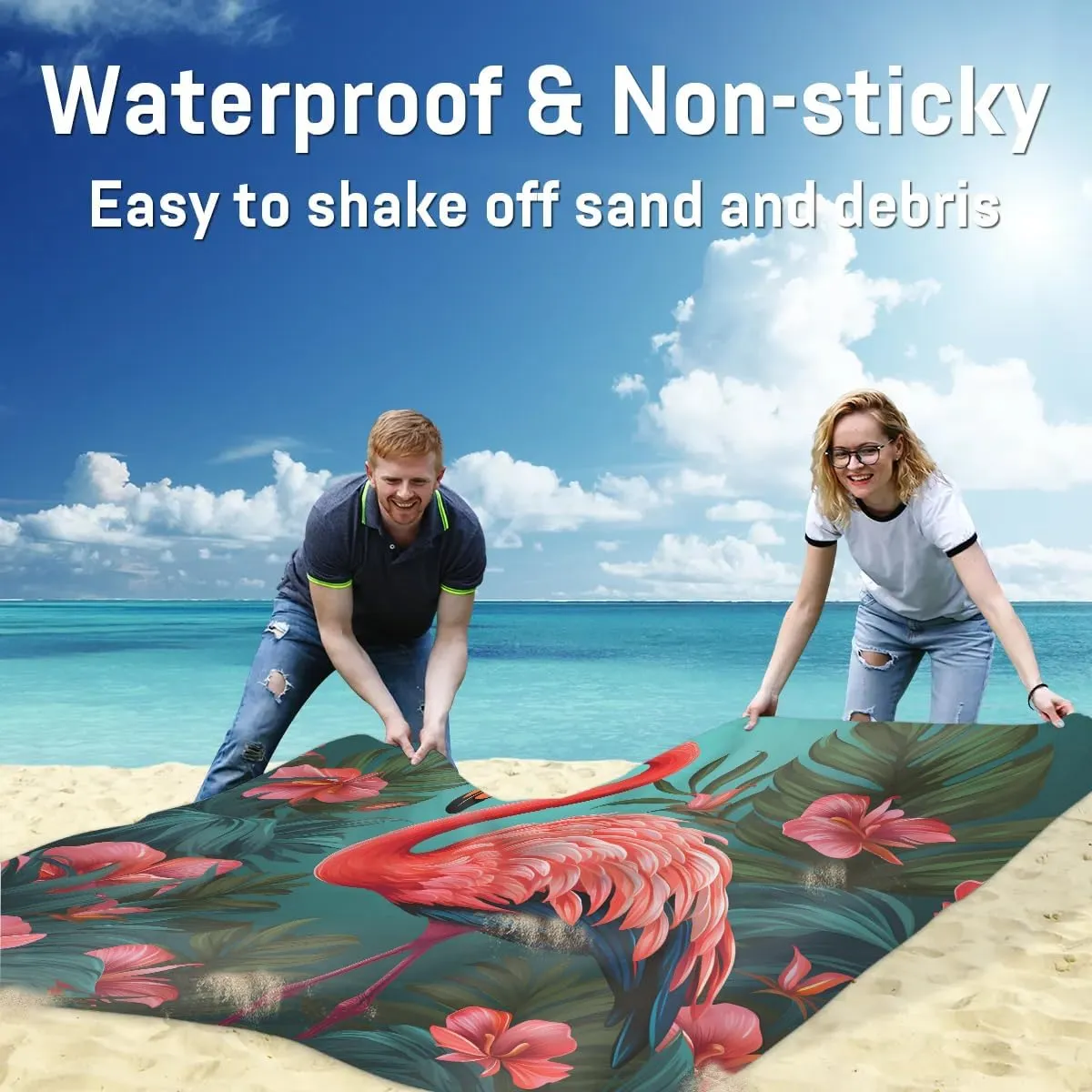 Beach Blanket, Flamingo Sandproof Beach Mat, Waterproof Quick Drying Sand Free Mat with 4 x Ground Spikes for Outdoor Travel Camping Hiking, Palm Leaves 68 x 59 in