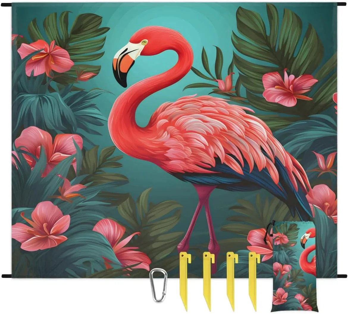 Beach Blanket, Flamingo Sandproof Beach Mat, Waterproof Quick Drying Sand Free Mat with 4 x Ground Spikes for Outdoor Travel Camping Hiking, Palm Leaves 68 x 59 in