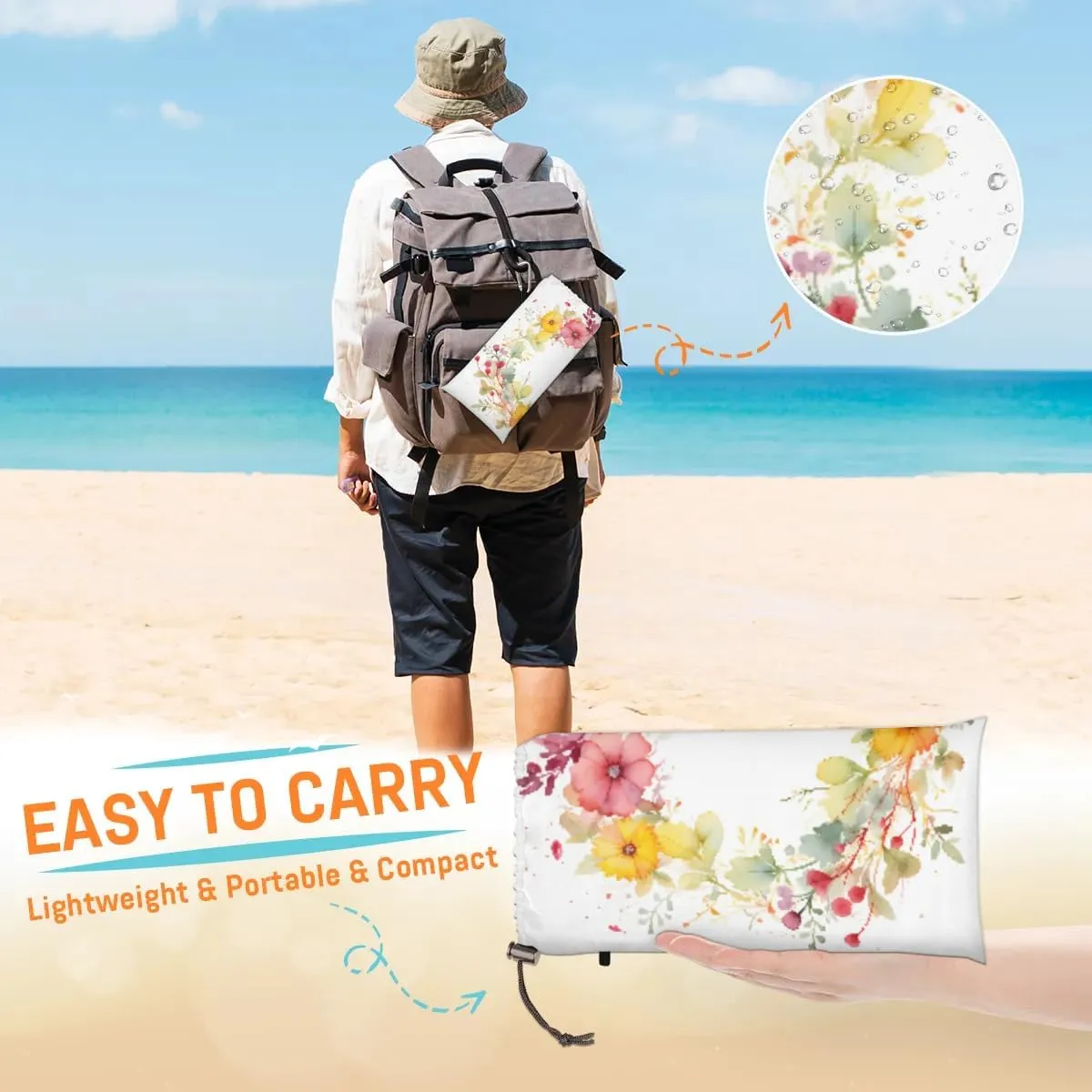 Beach Blanket, Floral Garland Sandproof Beach Mat, Waterproof Quick Drying Sand Free Mat with 4 x Ground Spikes for Outdoor Travel Camping Hiking, Wreath 68 x 59 in