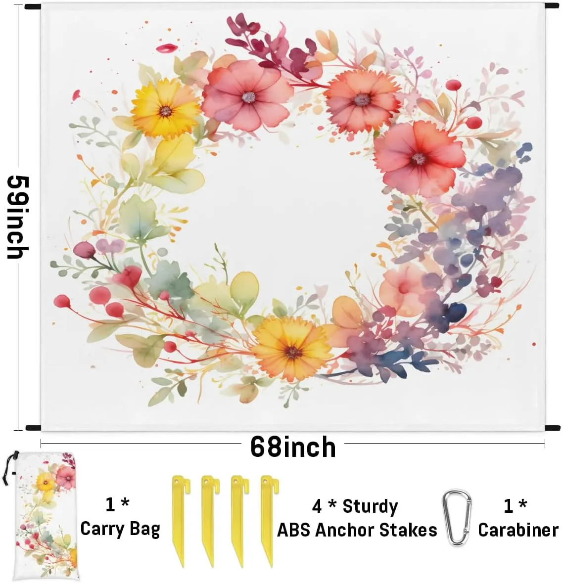 Beach Blanket, Floral Garland Sandproof Beach Mat, Waterproof Quick Drying Sand Free Mat with 4 x Ground Spikes for Outdoor Travel Camping Hiking, Wreath 68 x 59 in