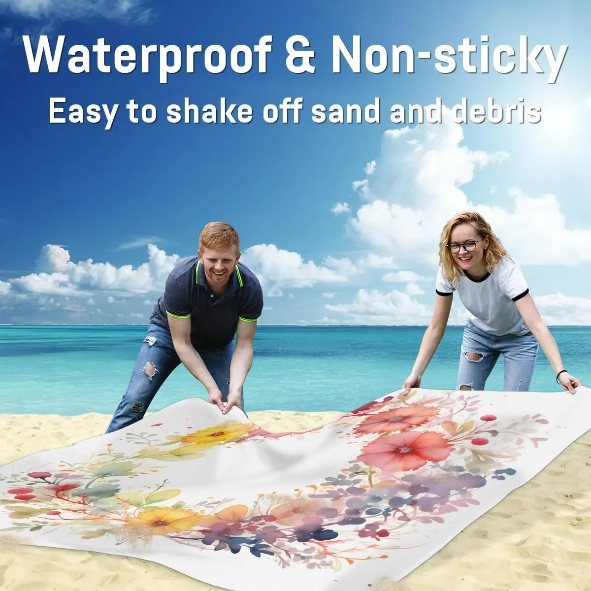 Beach Blanket, Floral Garland Sandproof Beach Mat, Waterproof Quick Drying Sand Free Mat with 4 x Ground Spikes for Outdoor Travel Camping Hiking, Wreath 68 x 59 in