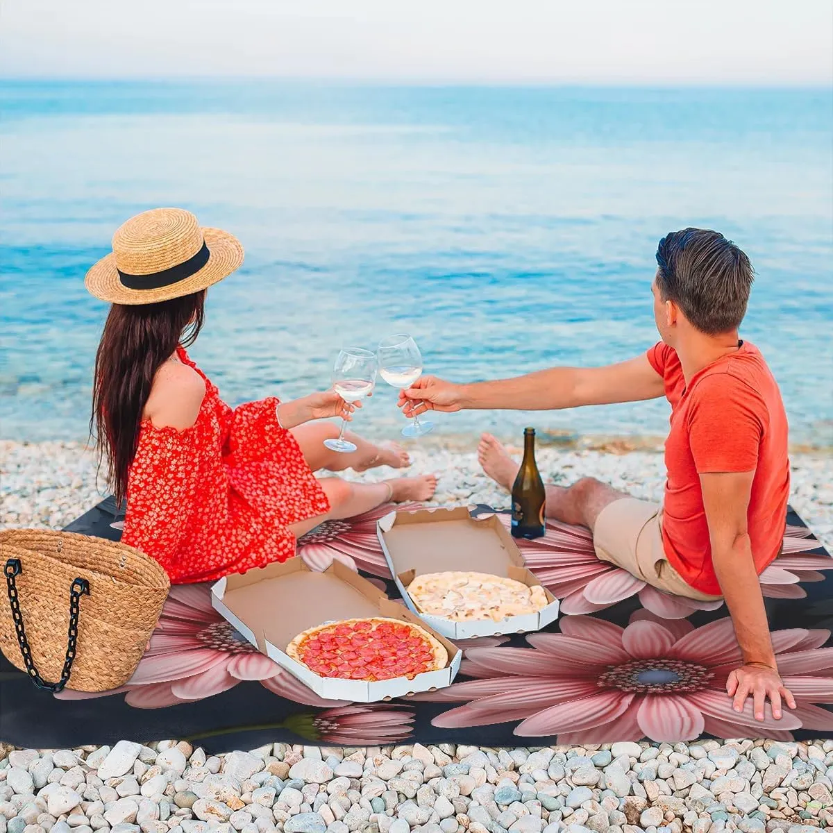 Beach Blanket, Flowers Daisy Summer Sandproof Beach Mat, Waterproof Quick Drying Sand Free Mat with 4 x Ground Spikes for Outdoor Travel Camping Hiking, Boho Flowers Daisy 68 x 59 in