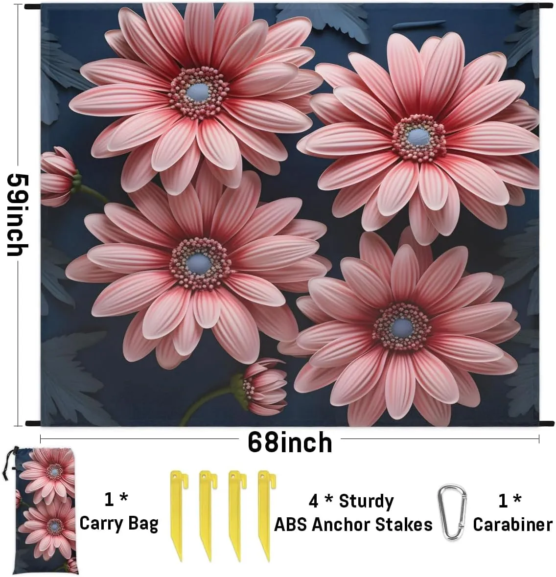 Beach Blanket, Flowers Daisy Summer Sandproof Beach Mat, Waterproof Quick Drying Sand Free Mat with 4 x Ground Spikes for Outdoor Travel Camping Hiking, Boho Flowers Daisy 68 x 59 in