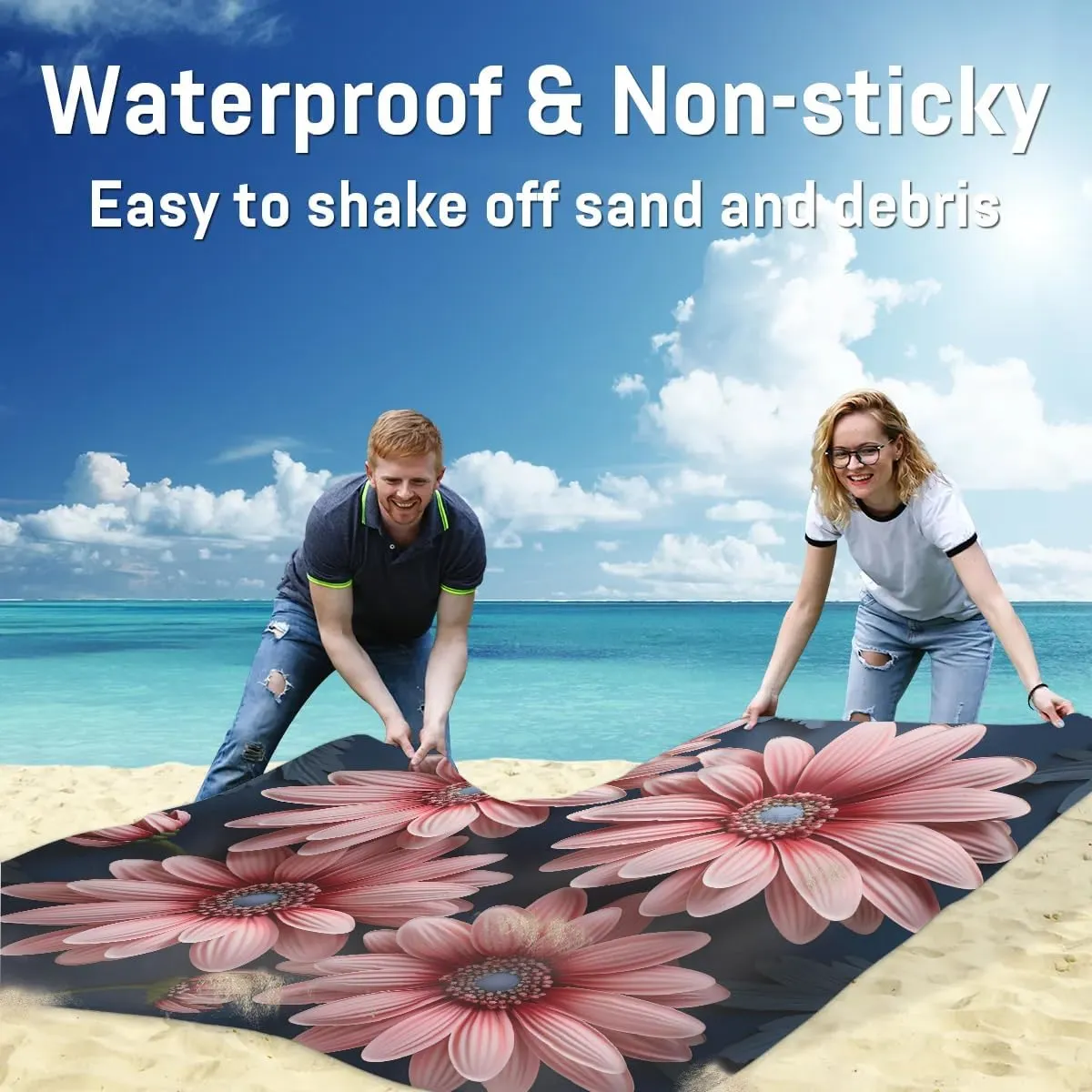 Beach Blanket, Flowers Daisy Summer Sandproof Beach Mat, Waterproof Quick Drying Sand Free Mat with 4 x Ground Spikes for Outdoor Travel Camping Hiking, Boho Flowers Daisy 68 x 59 in