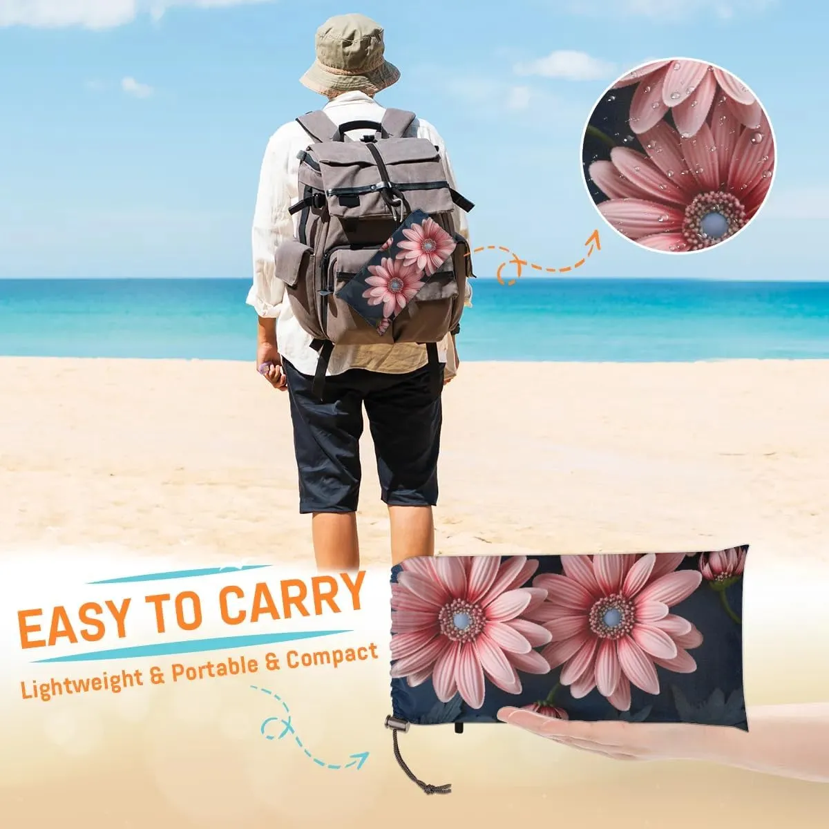 Beach Blanket, Flowers Daisy Summer Sandproof Beach Mat, Waterproof Quick Drying Sand Free Mat with 4 x Ground Spikes for Outdoor Travel Camping Hiking, Boho Flowers Daisy 68 x 59 in