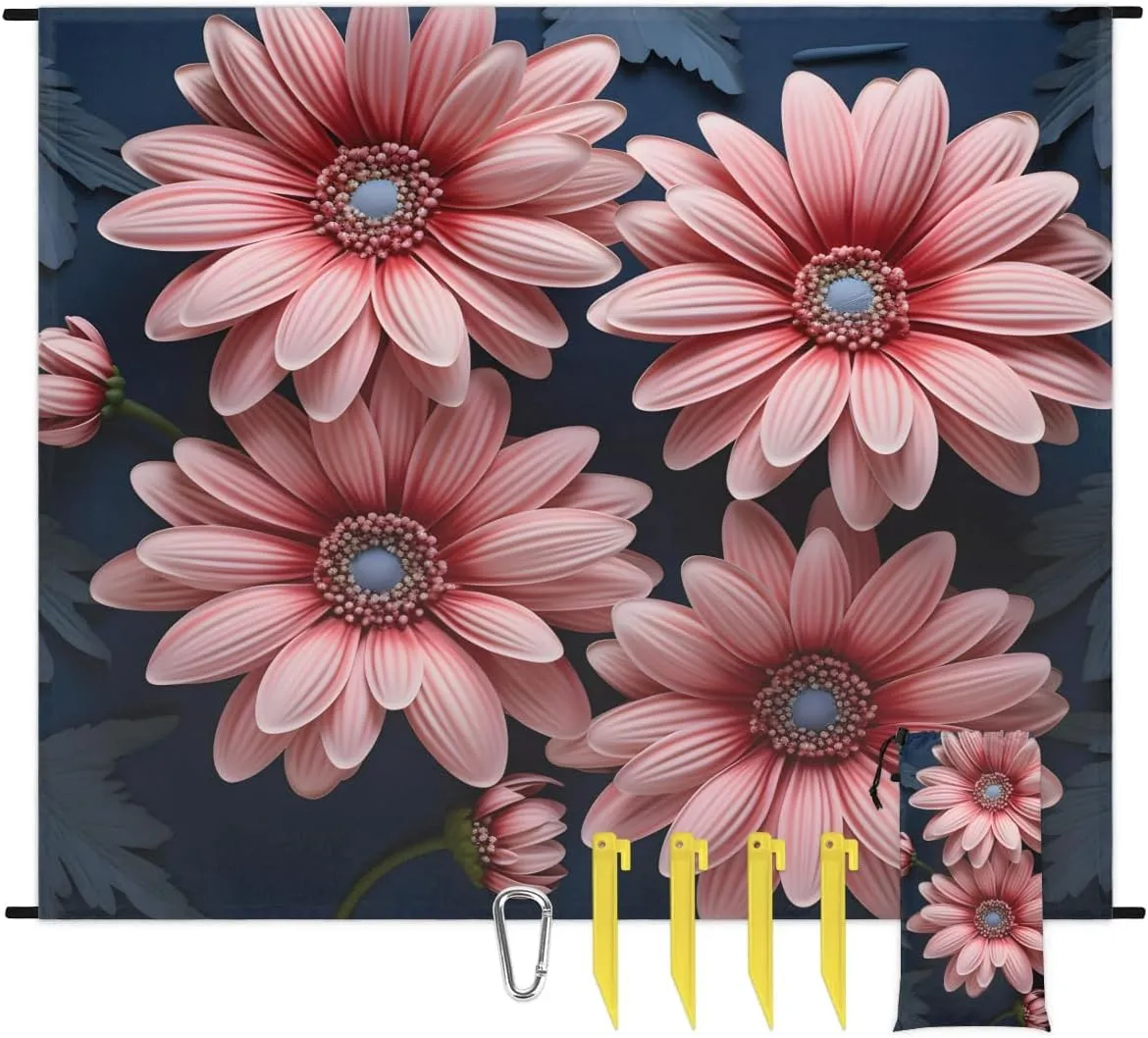 Beach Blanket, Flowers Daisy Summer Sandproof Beach Mat, Waterproof Quick Drying Sand Free Mat with 4 x Ground Spikes for Outdoor Travel Camping Hiking, Boho Flowers Daisy 68 x 59 in