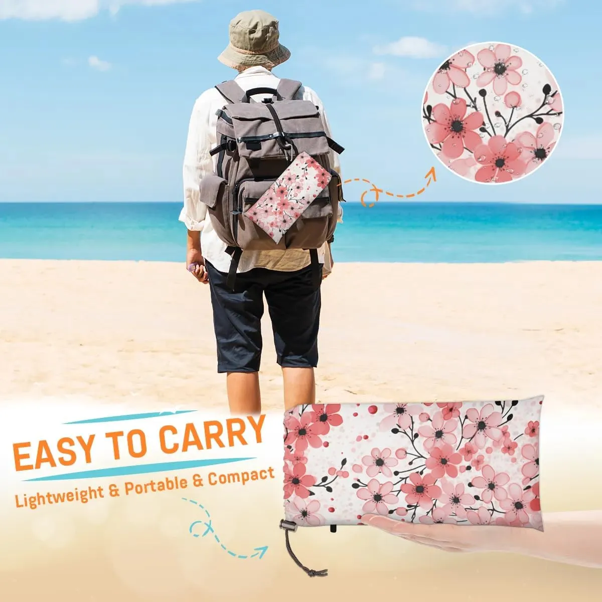 Beach Blanket, Flowers Japanese Cherry Sandproof Beach Mat, Waterproof Quick Drying Sand Free Mat with 4 x Ground Spikes for Outdoor Travel Camping Hiking, Cherry Blossoms 68 x 59 in