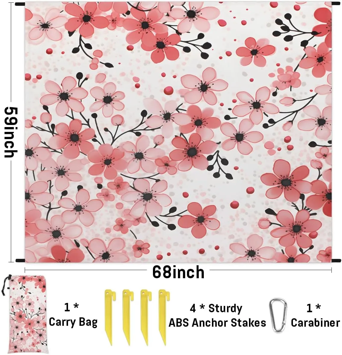 Beach Blanket, Flowers Japanese Cherry Sandproof Beach Mat, Waterproof Quick Drying Sand Free Mat with 4 x Ground Spikes for Outdoor Travel Camping Hiking, Cherry Blossoms 68 x 59 in