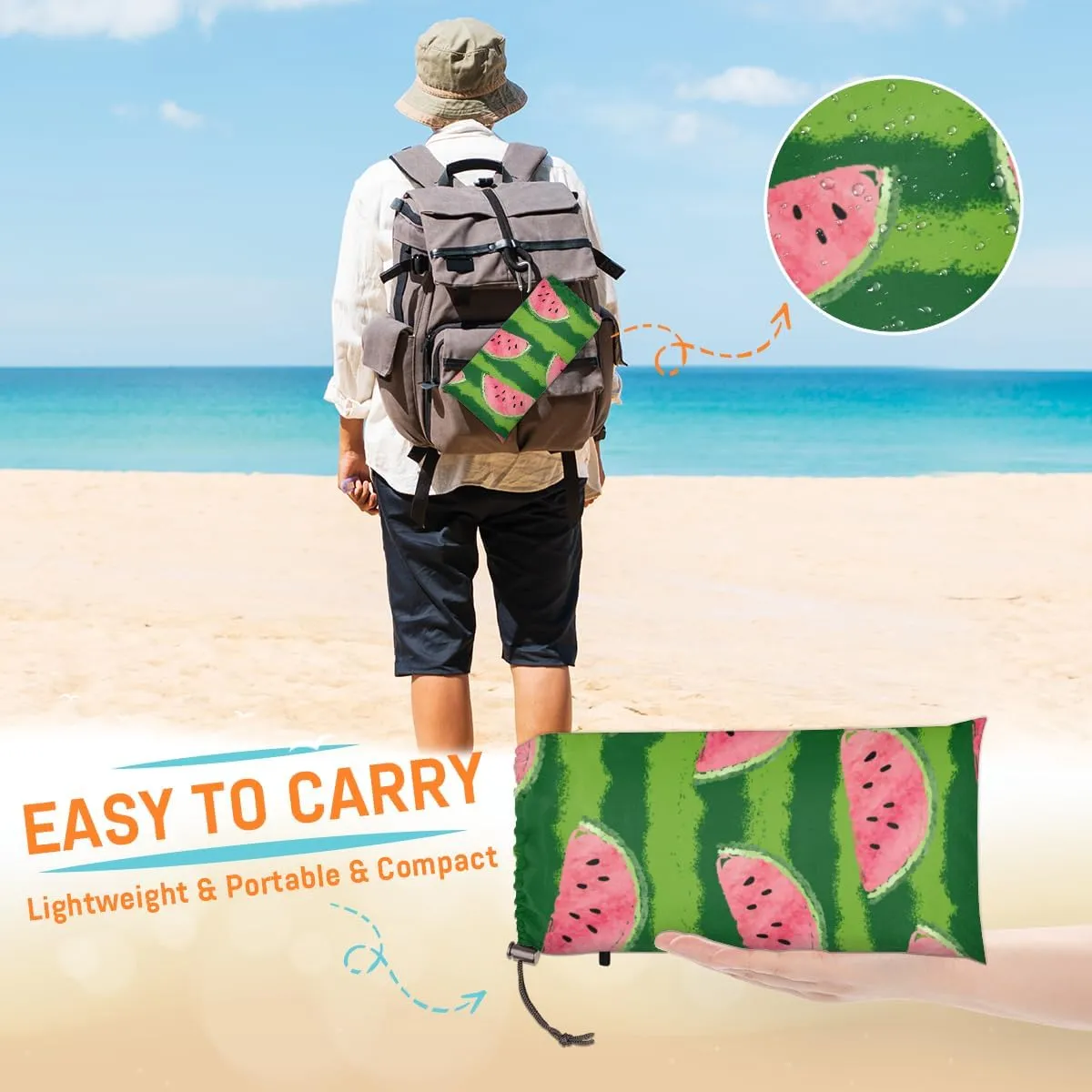 Beach Blanket, Fruit Sandproof Beach Mat, Waterproof Quick Drying Sand Free Mat with 4 x Ground Spikes for Outdoor Travel Camping Hiking, Sweet Watermelon 68 x 59 in