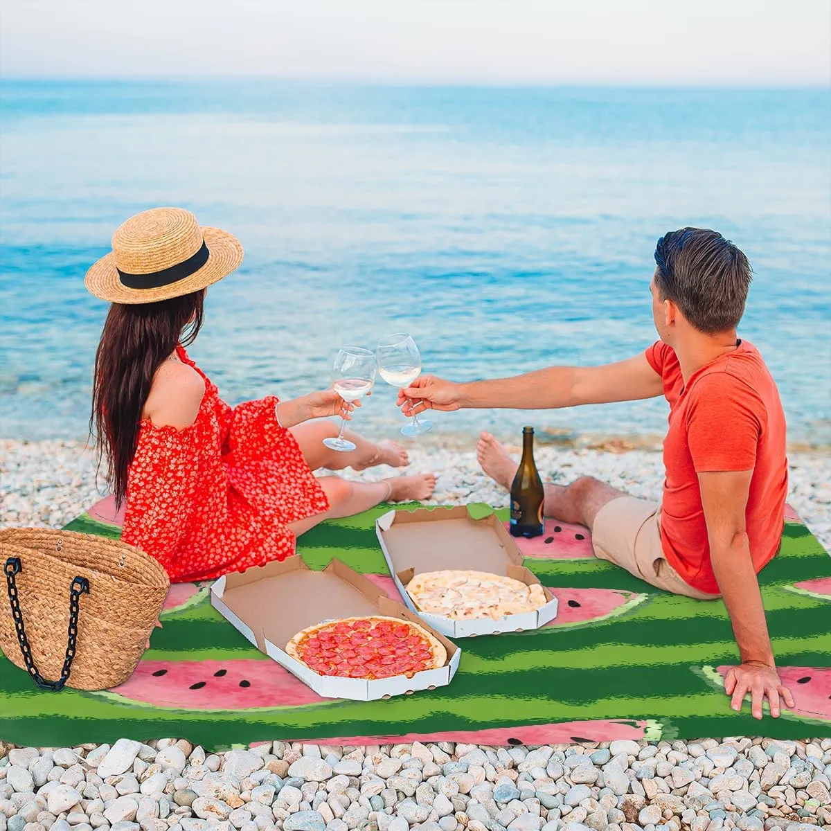 Beach Blanket, Fruit Sandproof Beach Mat, Waterproof Quick Drying Sand Free Mat with 4 x Ground Spikes for Outdoor Travel Camping Hiking, Sweet Watermelon 68 x 59 in