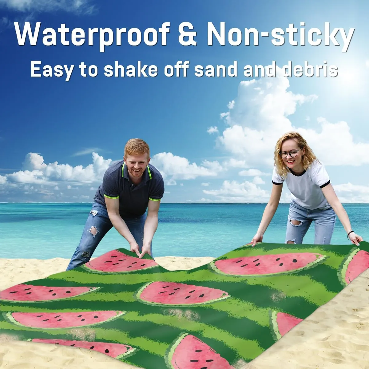 Beach Blanket, Fruit Sandproof Beach Mat, Waterproof Quick Drying Sand Free Mat with 4 x Ground Spikes for Outdoor Travel Camping Hiking, Sweet Watermelon 68 x 59 in