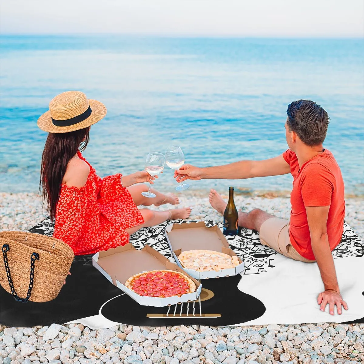 Beach Blanket, Guitar Sandproof Beach Mat, Waterproof Quick Drying Sand Free Mat with 4 x Ground Spikes for Outdoor Travel Camping Hiking, Music Note 68 x 59 in