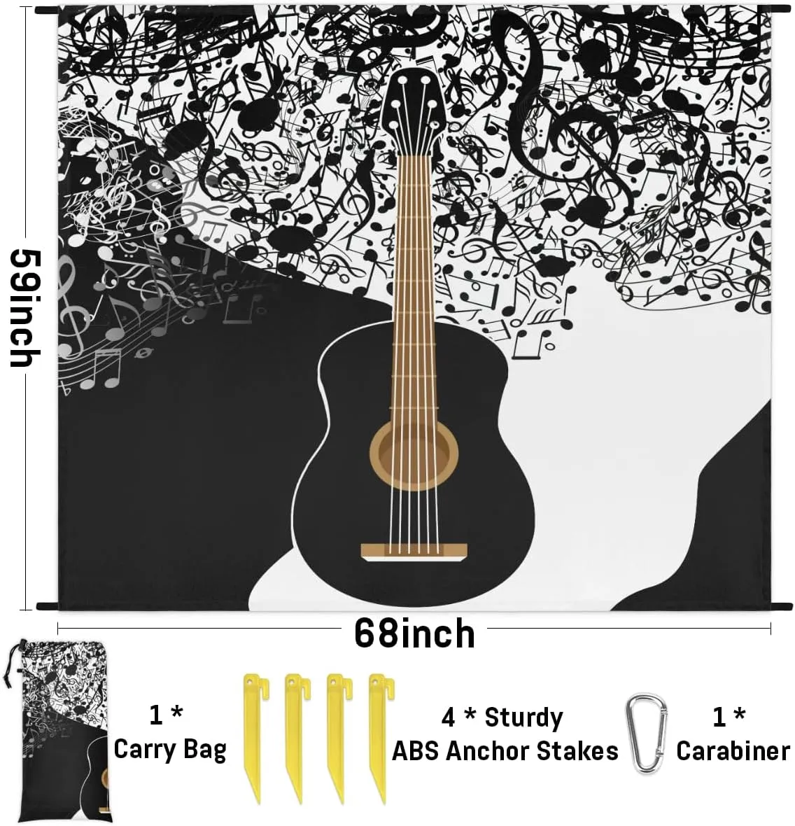 Beach Blanket, Guitar Sandproof Beach Mat, Waterproof Quick Drying Sand Free Mat with 4 x Ground Spikes for Outdoor Travel Camping Hiking, Music Note 68 x 59 in