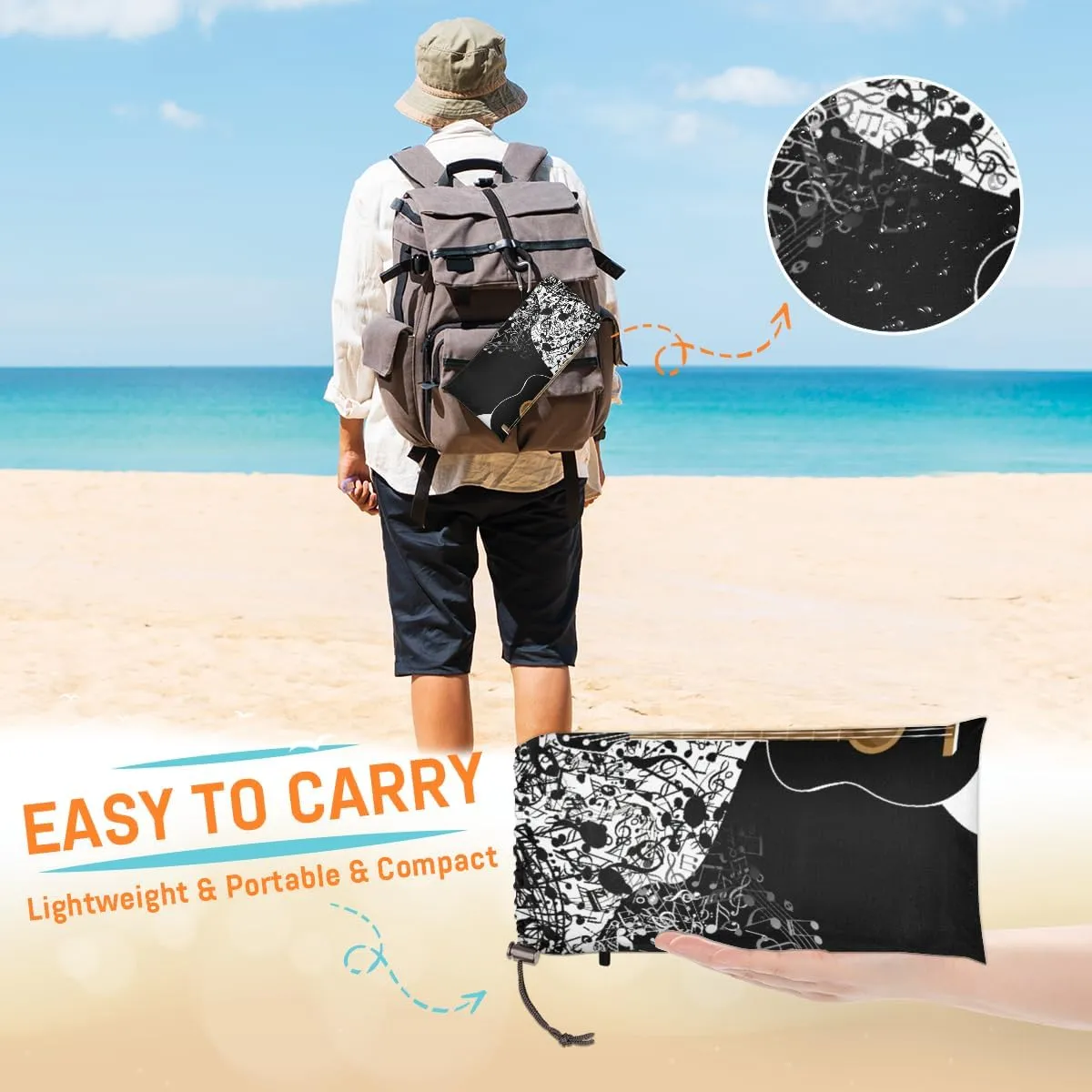 Beach Blanket, Guitar Sandproof Beach Mat, Waterproof Quick Drying Sand Free Mat with 4 x Ground Spikes for Outdoor Travel Camping Hiking, Music Note 68 x 59 in