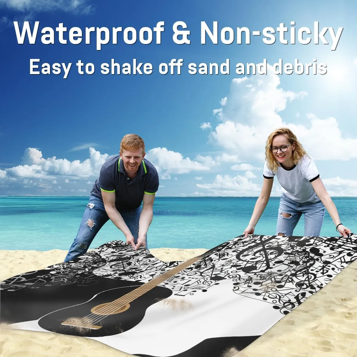 Beach Blanket, Guitar Sandproof Beach Mat, Waterproof Quick Drying Sand Free Mat with 4 x Ground Spikes for Outdoor Travel Camping Hiking, Music Note 68 x 59 in