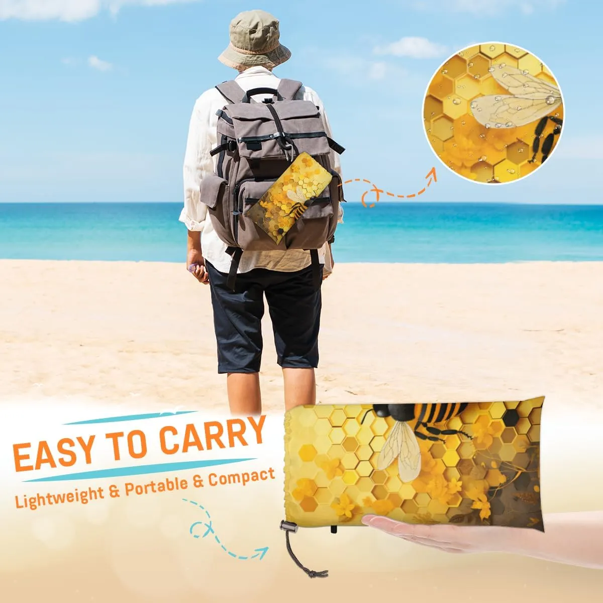 Beach Blanket, Honeycomb Bee Sandproof Beach Mat, Waterproof Quick Drying Sand Free Mat with 4 x Ground Spikes for Outdoor Travel Camping Hiking, Animal Bee 68 x 59 in
