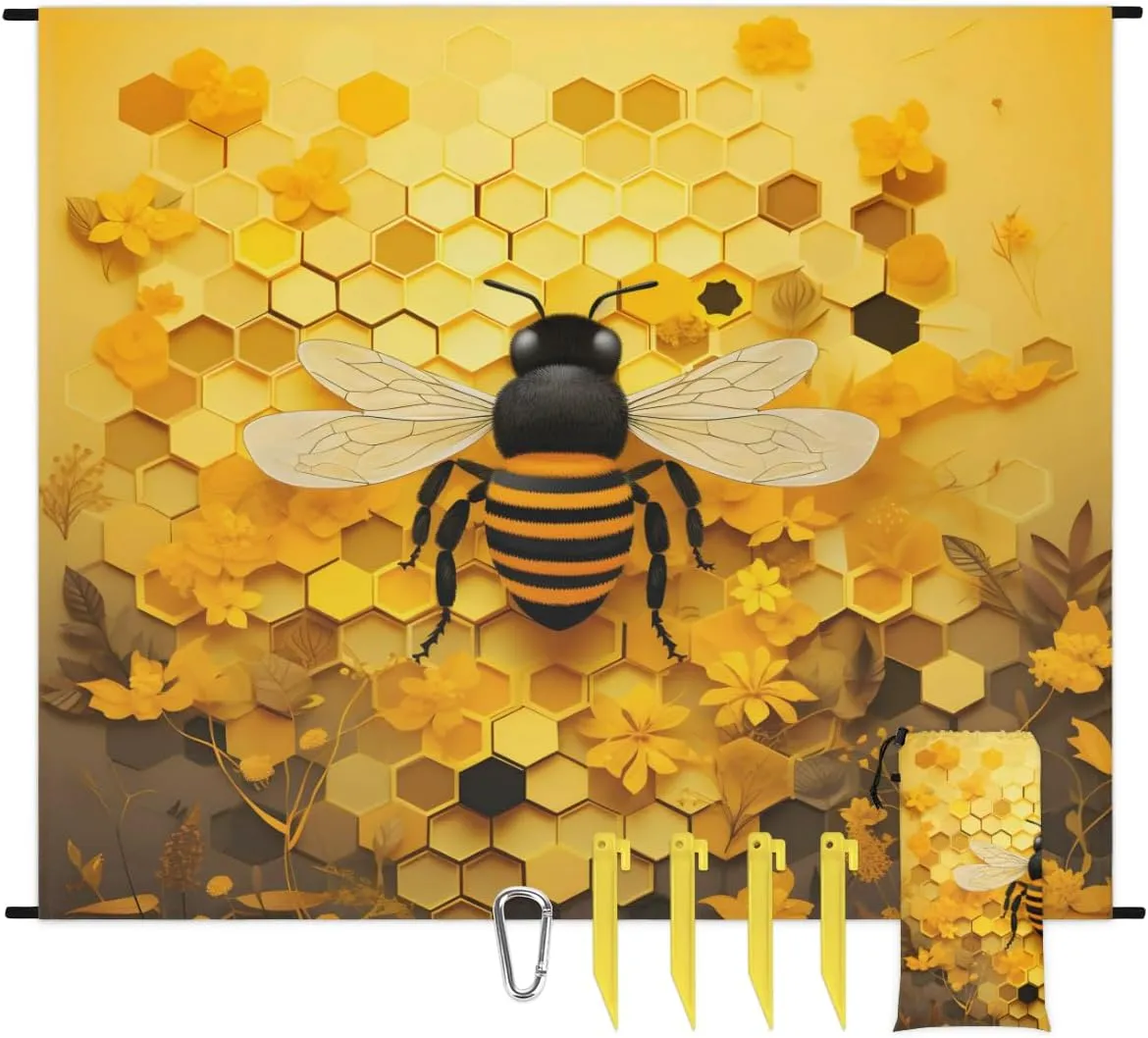 Beach Blanket, Honeycomb Bee Sandproof Beach Mat, Waterproof Quick Drying Sand Free Mat with 4 x Ground Spikes for Outdoor Travel Camping Hiking, Animal Bee 68 x 59 in