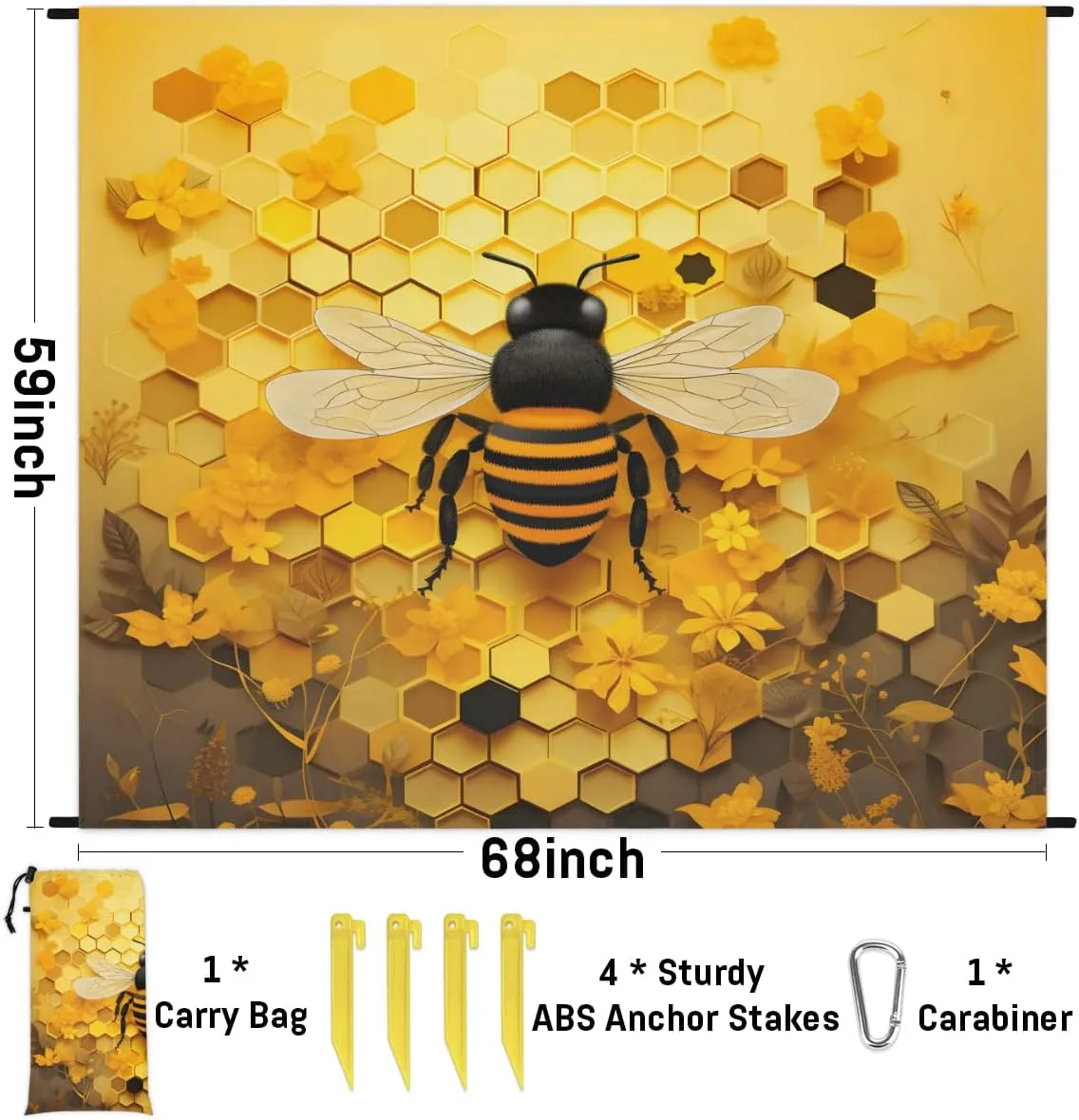 Beach Blanket, Honeycomb Bee Sandproof Beach Mat, Waterproof Quick Drying Sand Free Mat with 4 x Ground Spikes for Outdoor Travel Camping Hiking, Animal Bee 68 x 59 in