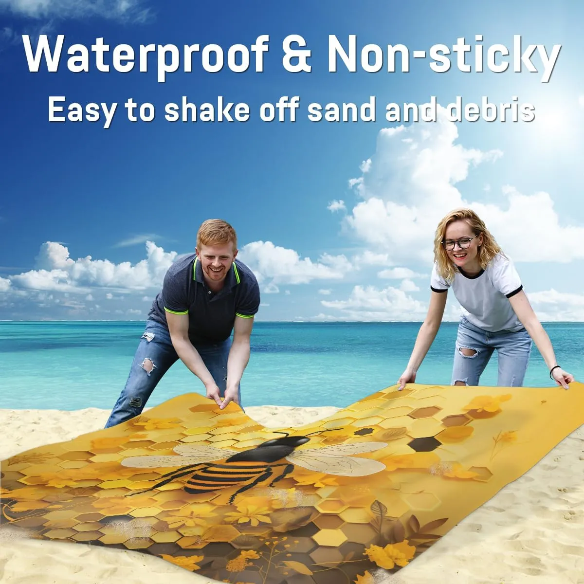 Beach Blanket, Honeycomb Bee Sandproof Beach Mat, Waterproof Quick Drying Sand Free Mat with 4 x Ground Spikes for Outdoor Travel Camping Hiking, Animal Bee 68 x 59 in
