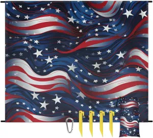 Beach Blanket, Independence Day Sandproof Beach Mat, Waterproof Quick Drying Sand Free Mat with 4 x Ground Spikes for Outdoor Travel Camping Hiking, America Flag Stars 68 x 59 in