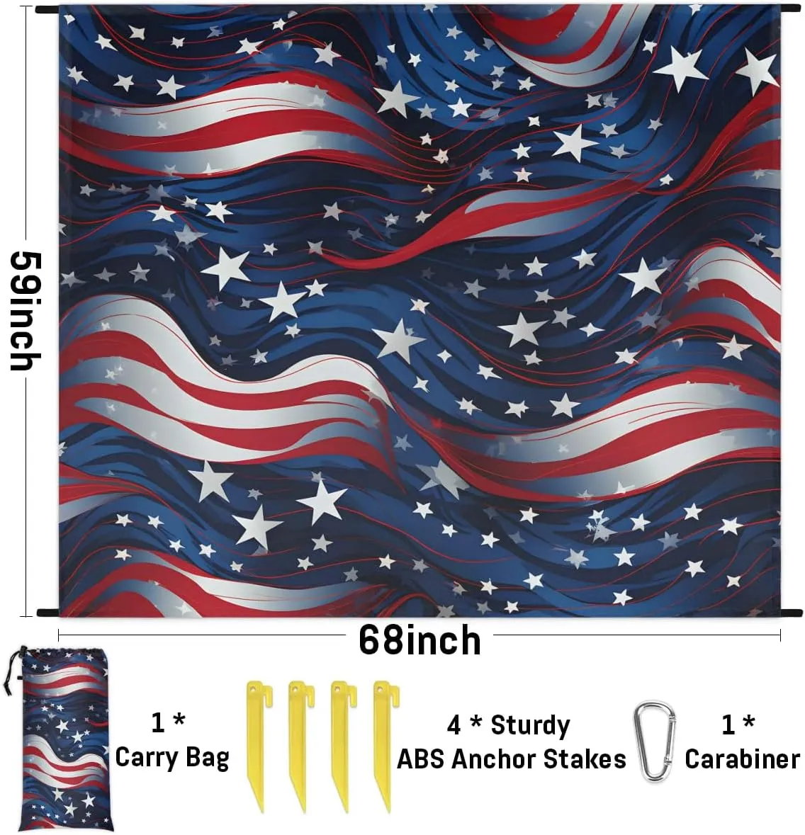 Beach Blanket, Independence Day Sandproof Beach Mat, Waterproof Quick Drying Sand Free Mat with 4 x Ground Spikes for Outdoor Travel Camping Hiking, America Flag Stars 68 x 59 in