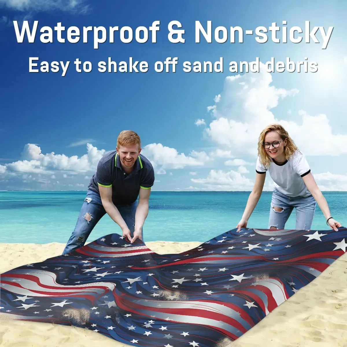 Beach Blanket, Independence Day Sandproof Beach Mat, Waterproof Quick Drying Sand Free Mat with 4 x Ground Spikes for Outdoor Travel Camping Hiking, America Flag Stars 68 x 59 in