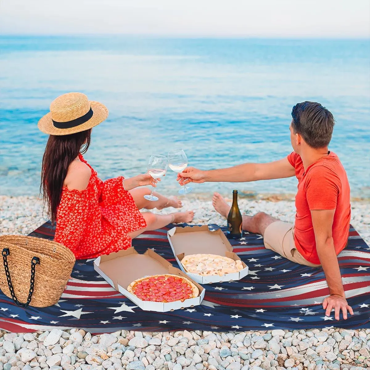 Beach Blanket, Independence Day Sandproof Beach Mat, Waterproof Quick Drying Sand Free Mat with 4 x Ground Spikes for Outdoor Travel Camping Hiking, America Flag Stars 68 x 59 in